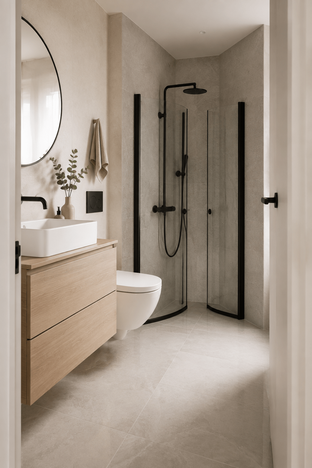 Scandinavian bathroom with folding shower door